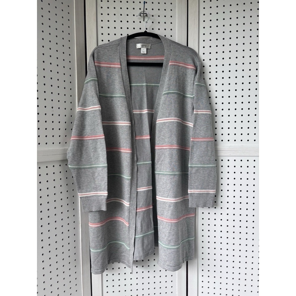 CJ BANKS Women's 1X Rayon Poly Open Front Cardigan Sweater Gray Stripe 3/4 SLV